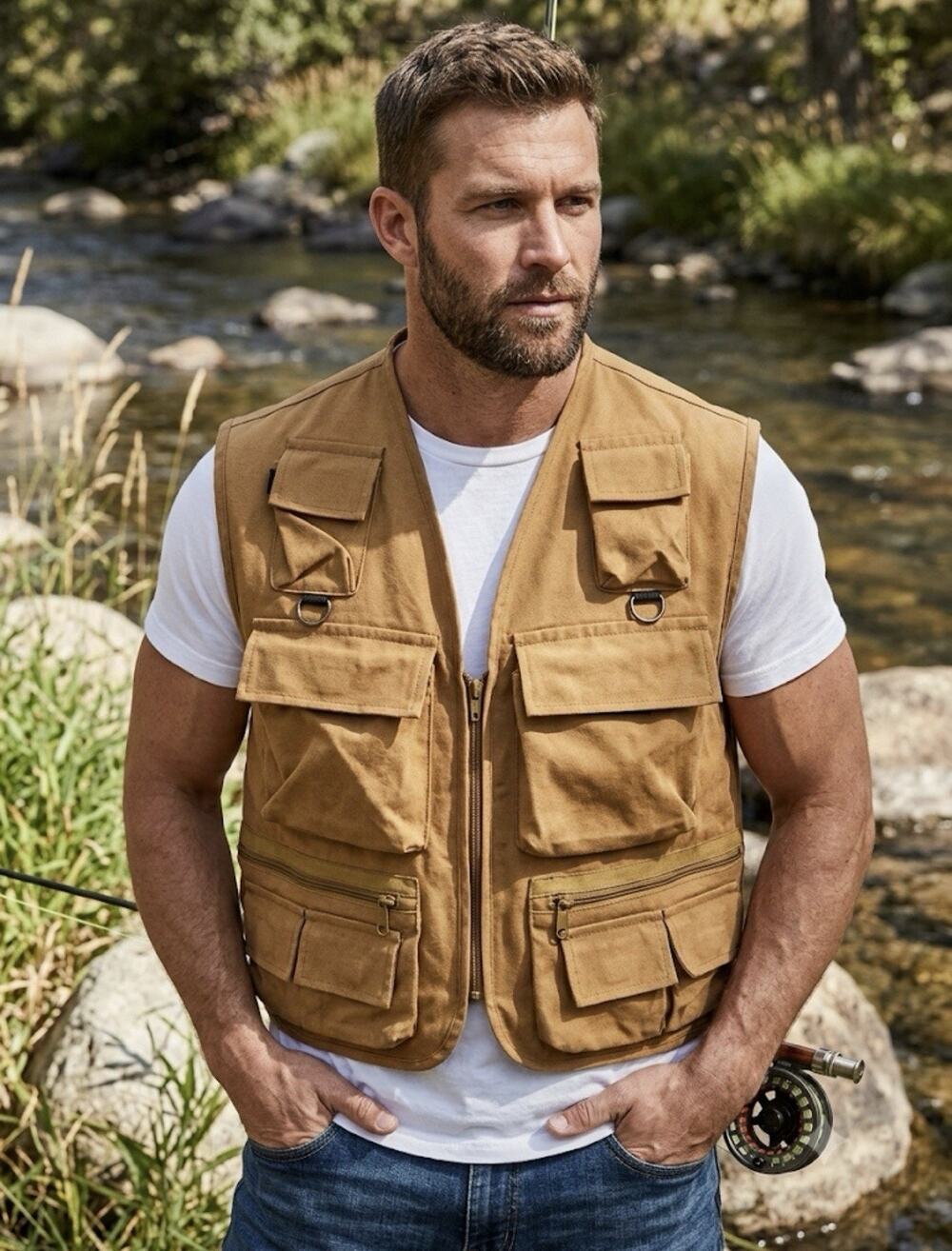 vintage fishing vest in brown featuring multiple pockets - Size Large